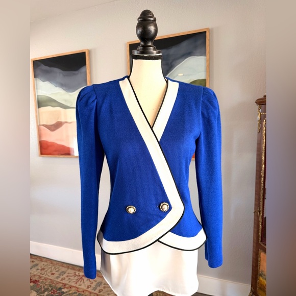Leslie Fay Blue and White Knit Jacket - Picture 5 of 8